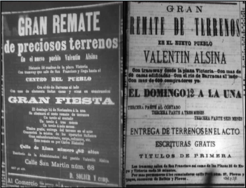 Avisos de los remates de  terrenos en Valentín Alsina (1875)