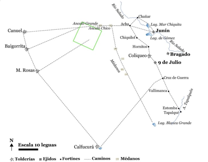 Ubicación  de la colonia Mitre propuesta por Payán en 1868 y plano de Payán de  1867. Fuente: elaboración propia con base en AHMM, Bartolomé Mitre  inédito y privado, Arm. 3, Exp. 6868, 10 de febrero de 1868.