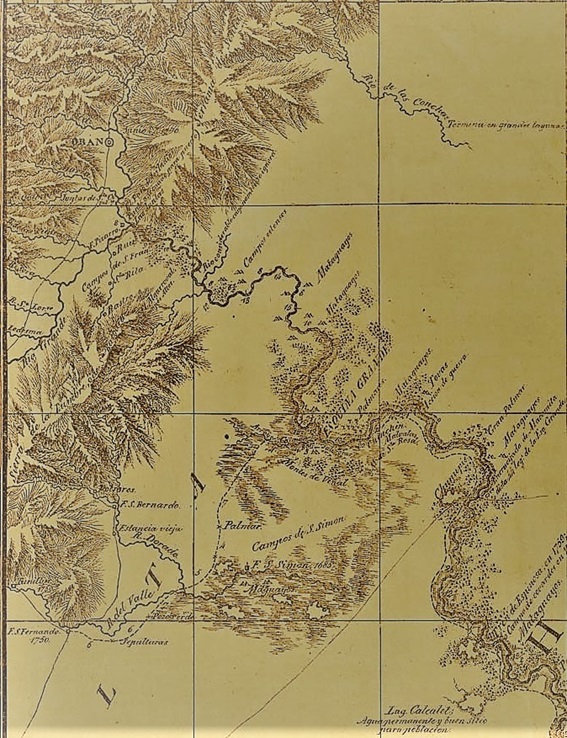 “Carta de la sección austral
del Gran Chaco con el curso detallado del Rio Bermejo según los diarios de la
campaña del Gobernador Matorras en 1774 y del viage por agua del Coronel
Cornejo en 1790. Por J. Arenales.”