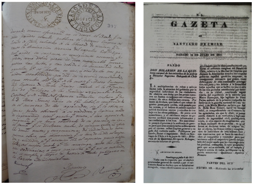 Vista del 8 de julio de 1817 en la demanda de
Juan Farías, publicación de dicha resolución como “Artículo de Oficio”, Gazeta de Santiago de Chile, 19 de julio de
1817